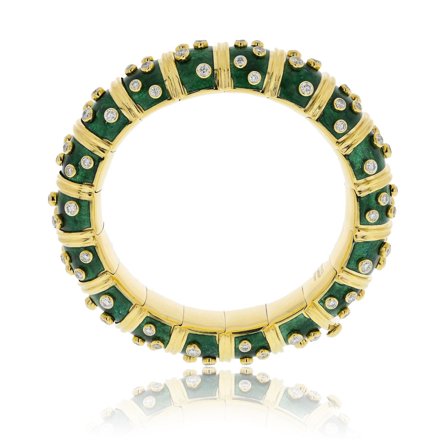 Tiffany & Co. Schlumberger 18 Karat Gelbgold Armband mit grüner Emaille und Diamanten im Zustand „Hervorragend“ im Angebot in New York, NY