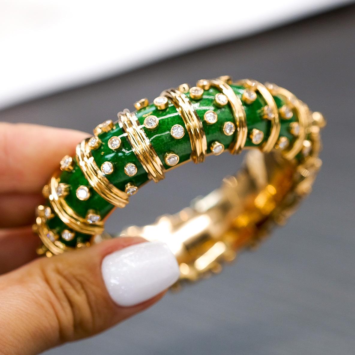 Tiffany & Co. Schlumberger 18K Yellow Gold Green Enamel Diamond Bracelet In Excellent Condition In New York, NY