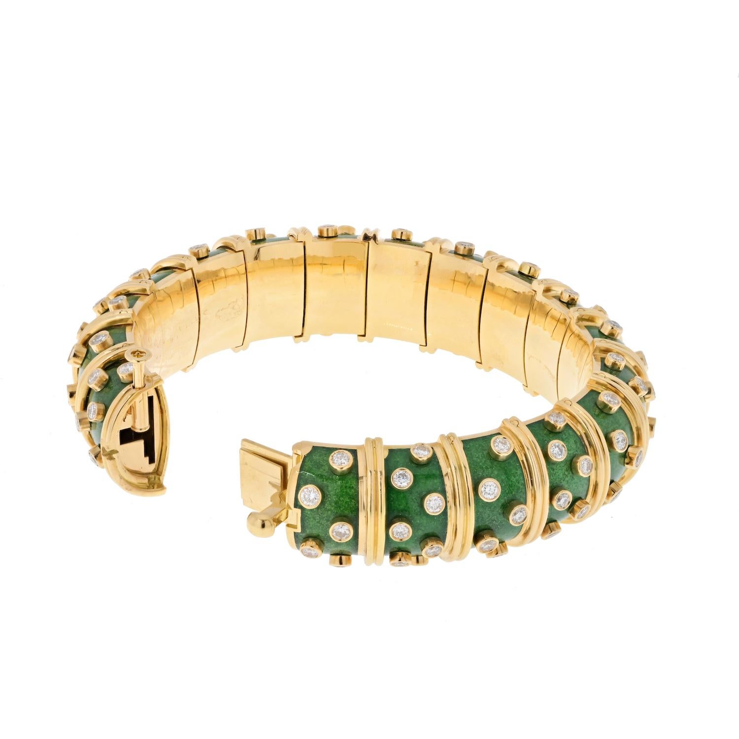 Women's Tiffany & Co. Schlumberger 18K Yellow Gold Green Enamel Diamond Bracelet