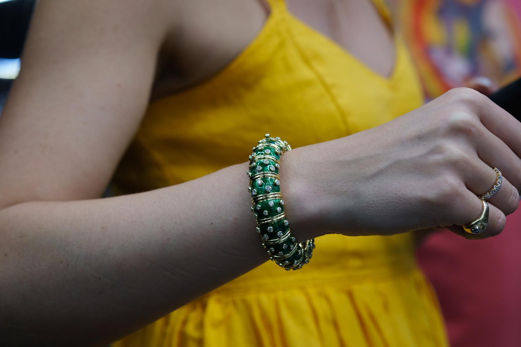 Women's Tiffany & Co. Schlumberger 18K Yellow Gold Green Enamel Diamond Bracelet For Sale