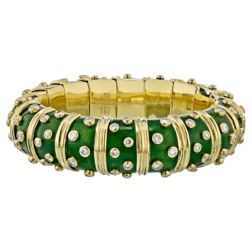 Tiffany & Co. Schlumberger 18K Yellow Gold Green Enamel Diamond Bracelet