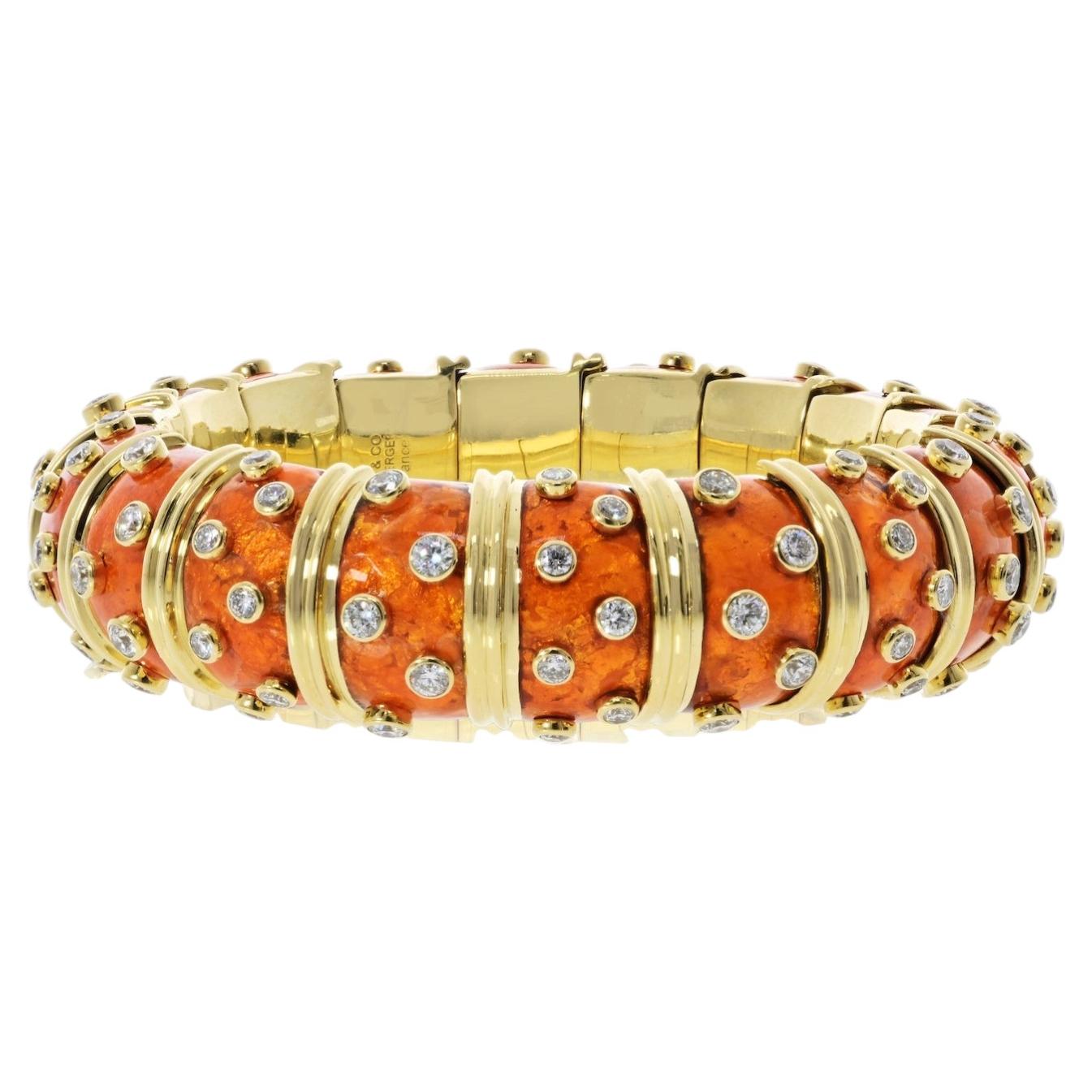 Tiffany & Co. Schlumberger 18K Yellow Gold Orange Enamel And Diamond Bracelet