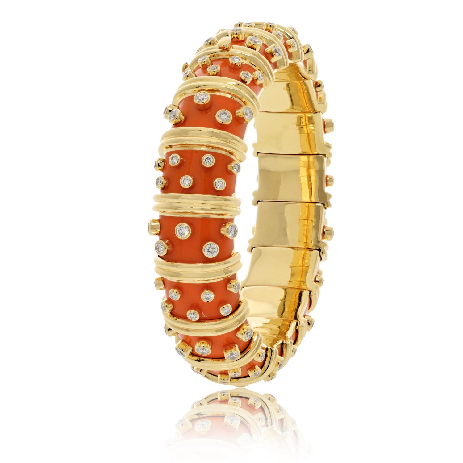 Modern Tiffany & Co. Schlumberger 18K Yellow Gold Orange Enamel Diamond Bracelet