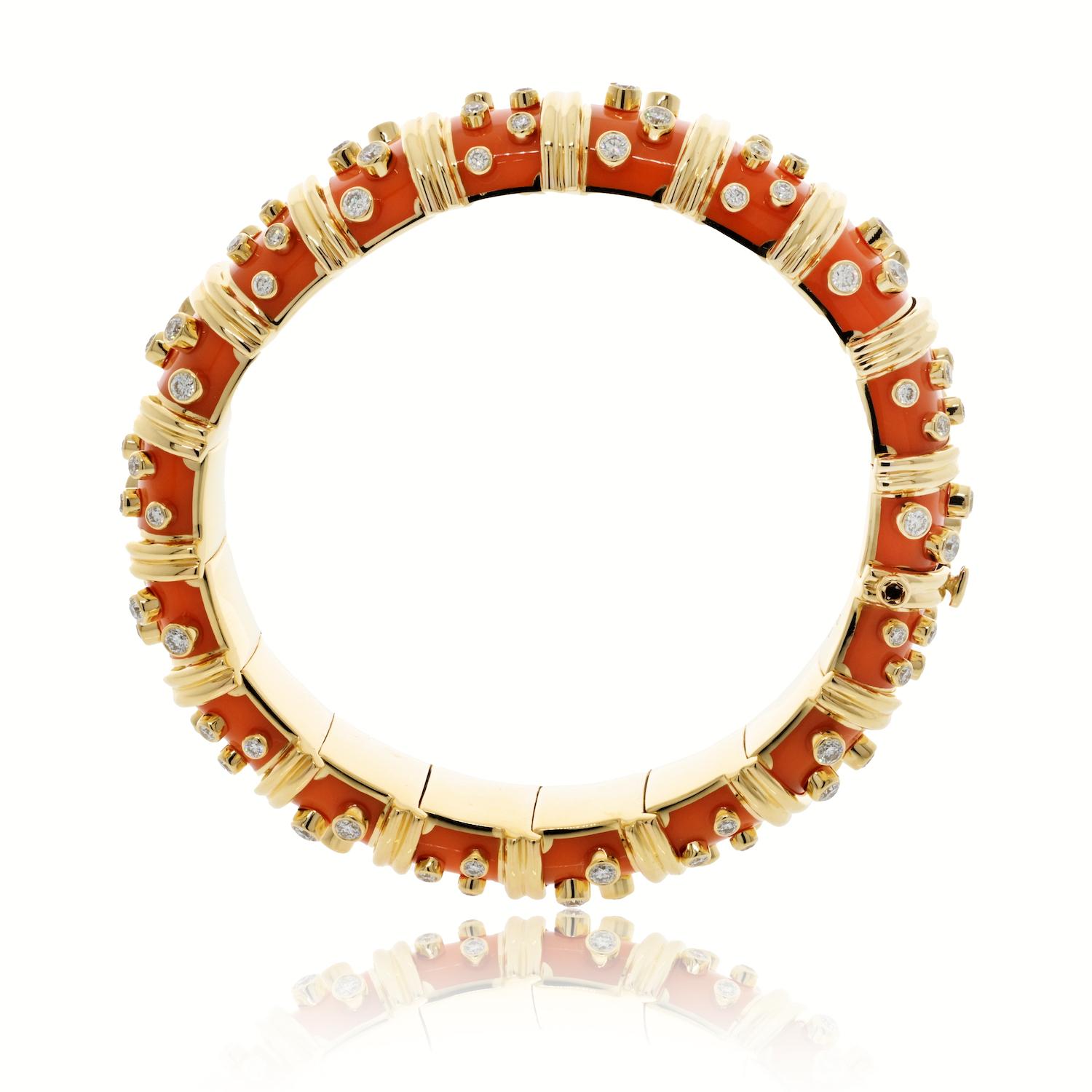 Round Cut Tiffany & Co. Schlumberger 18K Yellow Gold Orange Enamel Diamond Bracelet