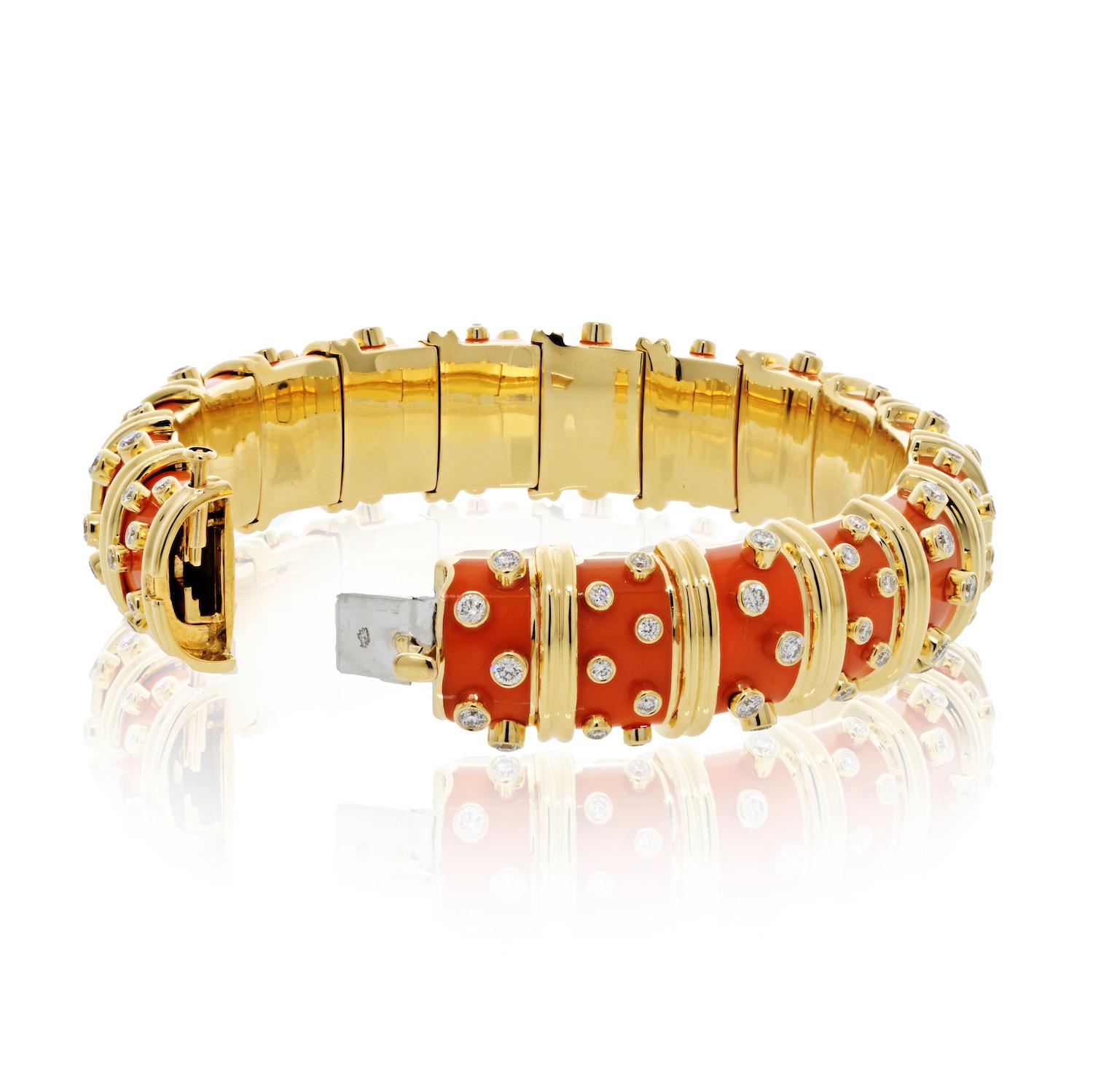 Tiffany & Co. Schlumberger 18K Yellow Gold Orange Enamel Diamond Bracelet In Excellent Condition In New York, NY