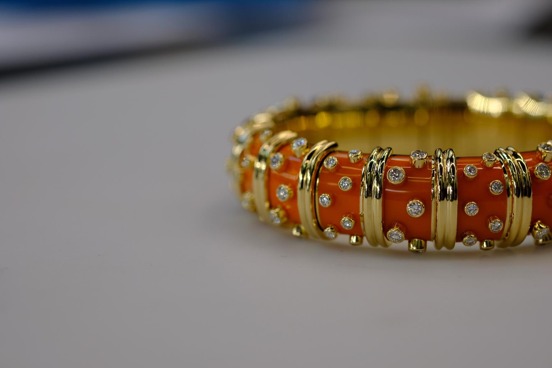Women's Tiffany & Co. Schlumberger 18K Yellow Gold Orange Enamel Diamond Bracelet