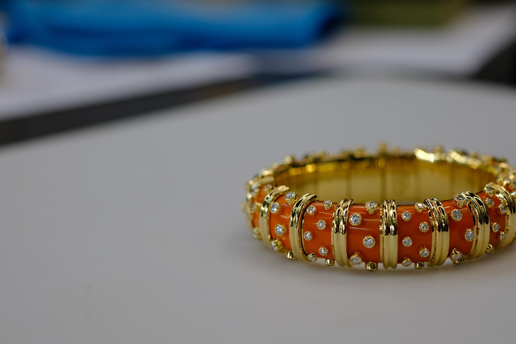 Tiffany & Co. Schlumberger 18K Yellow Gold Orange Enamel Diamond Bracelet 1