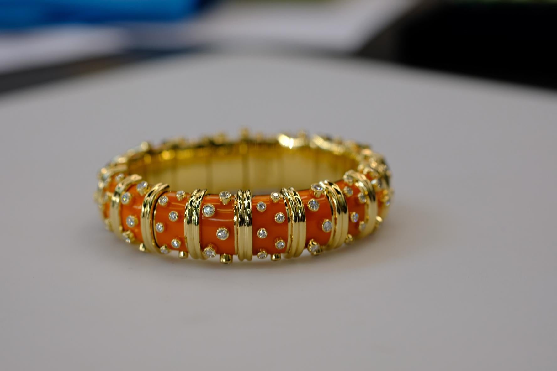 Tiffany & Co. Schlumberger 18K Yellow Gold Orange Enamel Diamond Bracelet 2
