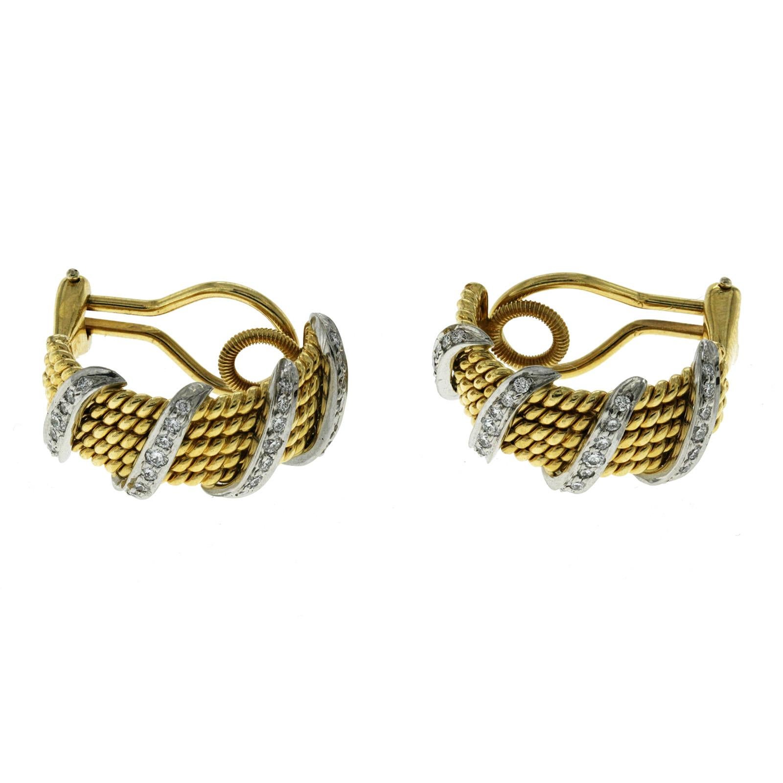 Round Cut Tiffany & Co Schlumberger 18K Yellow Gold Platinum Diamond 4 Row Wrap Earrings