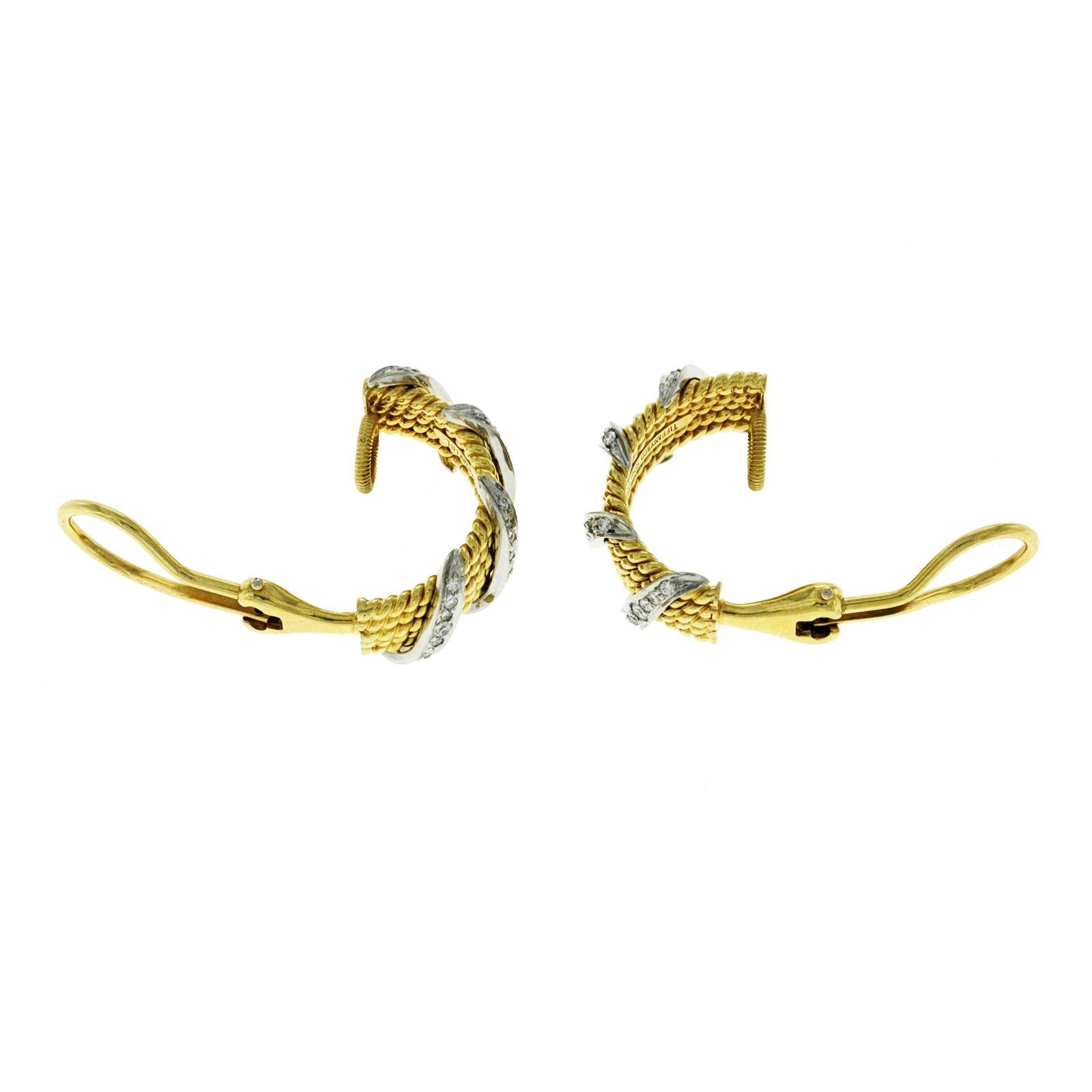 Women's or Men's Tiffany & Co Schlumberger 18K Yellow Gold Platinum Diamond 4 Row Wrap Earrings