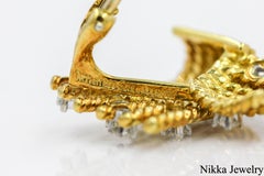 Tiffany Co Schlumberger 18K Yellow Gold Platinum Diamond V Rope Huggie Earrings