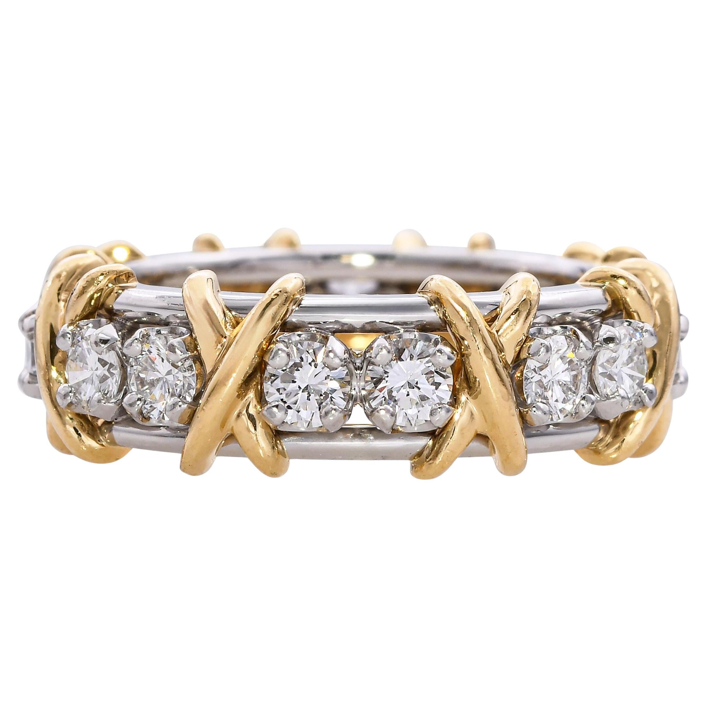 Tiffany & Co. Schlumberger Bague à seize pierres en or jaune 18 carats et platine en vente