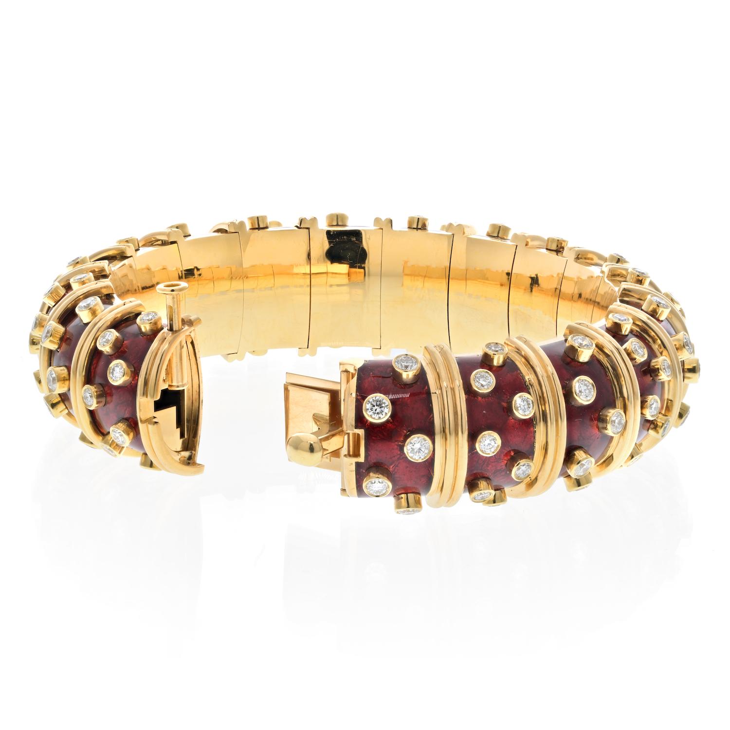 Tiffany & Co. Bracelet Schlumberger en or jaune 18 carats, émail rouge et diamants Excellent état - En vente à New York, NY