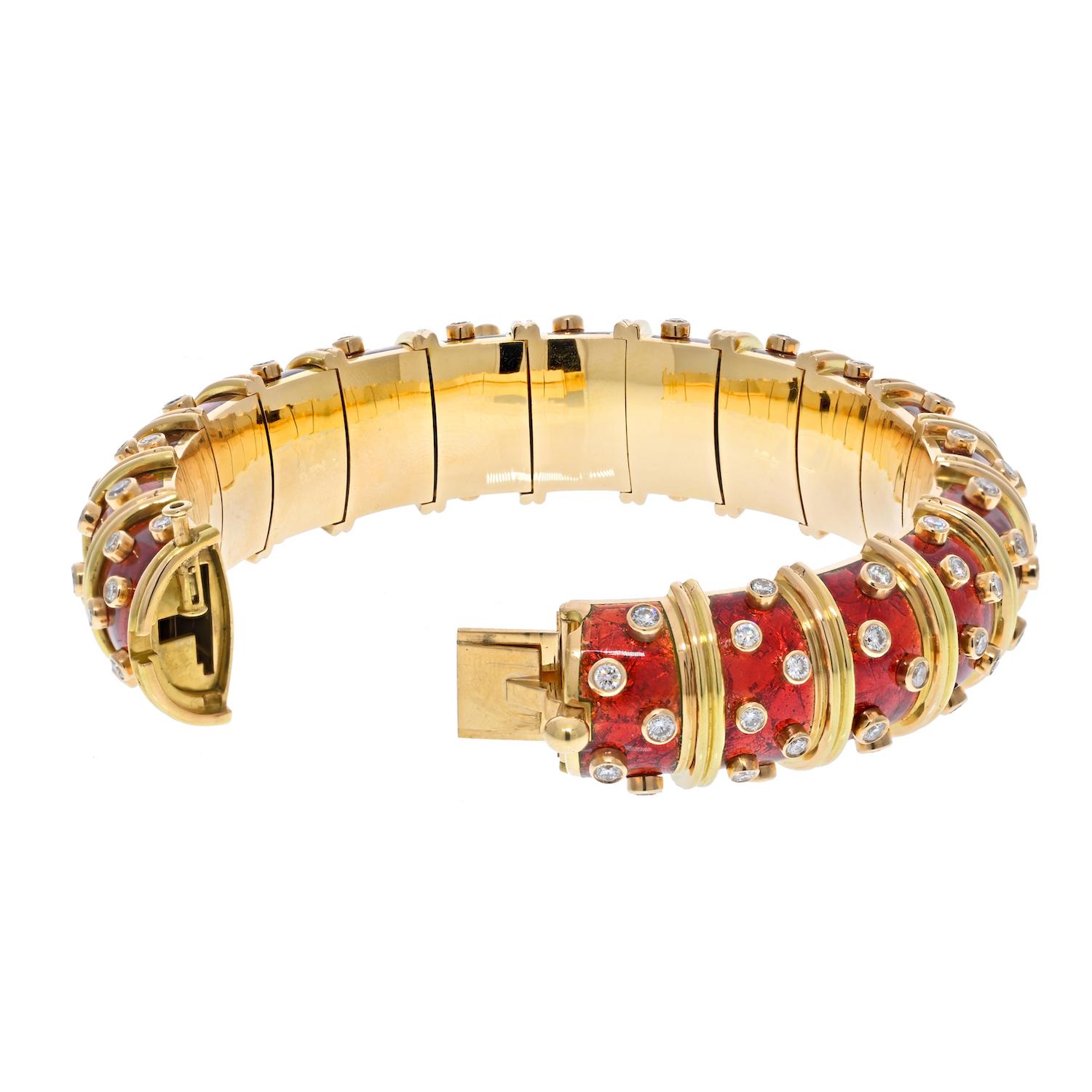 Modern Tiffany & Co. Schlumberger 18K Yellow Gold Red Enamel Diamond Bracelet