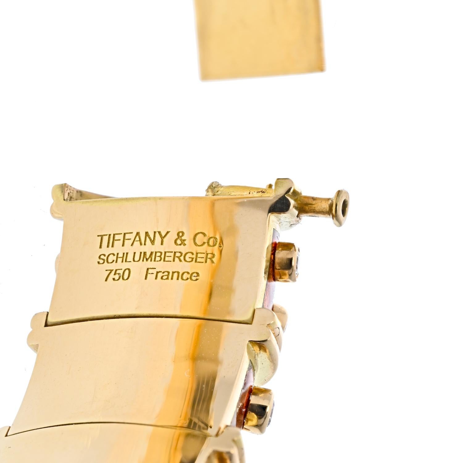 Round Cut Tiffany & Co. Schlumberger 18K Yellow Gold Red Enamel Diamond Bracelet
