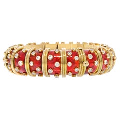 Tiffany & Co. Schlumberger 18K Yellow Gold Red Enamel Diamond Bracelet