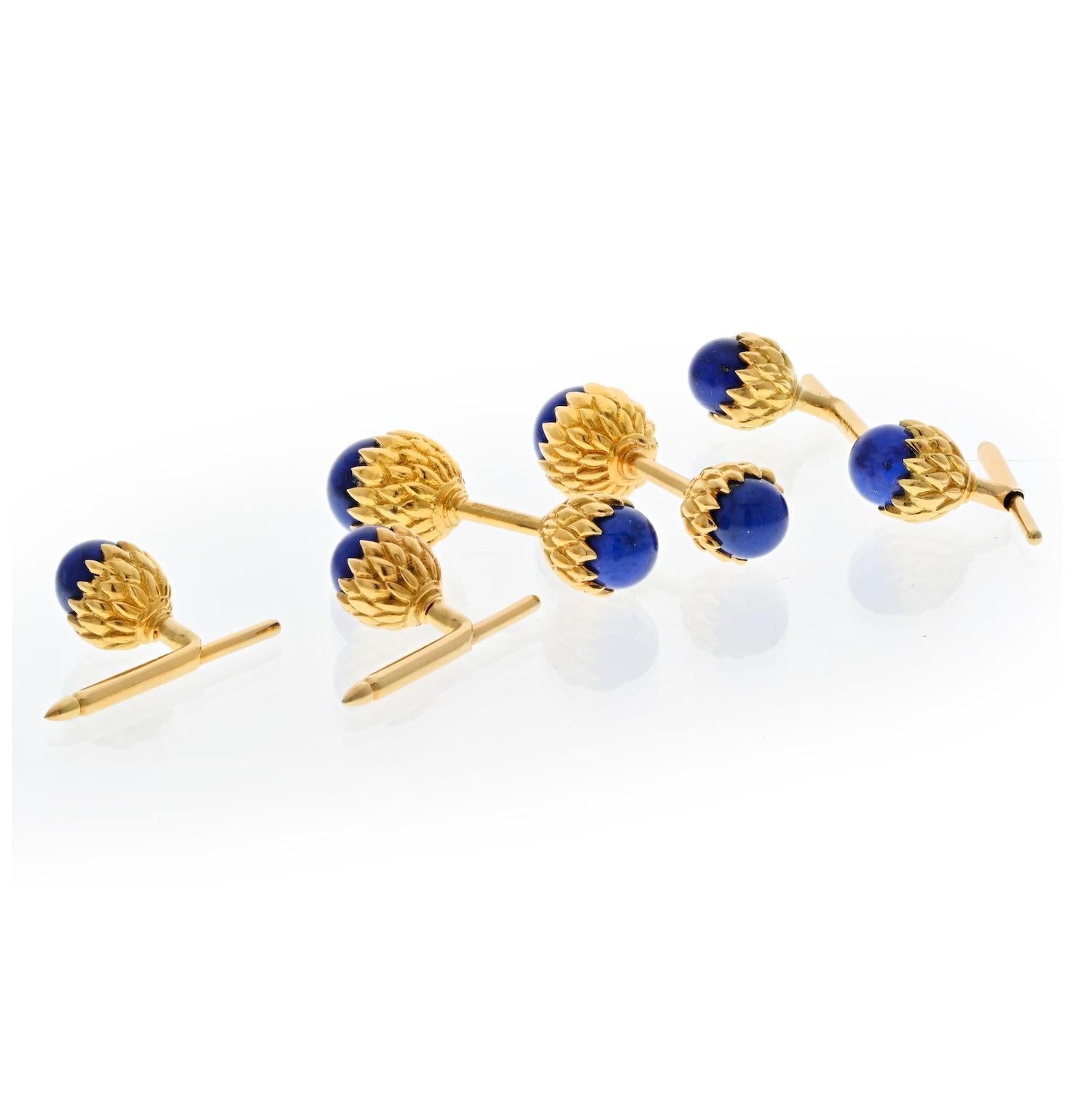 Tiffany & Co. Schlumberger 18K Yellow Gold Schlumberger Acorn Lapis Stud Set In Excellent Condition In New York, NY