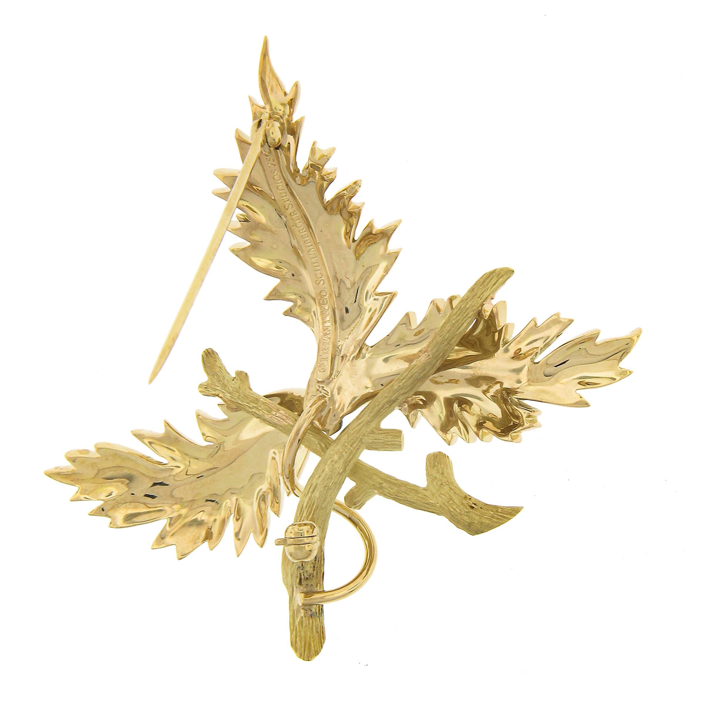 Tiffany & Co. Schlumberger 18k Yellow Gold Textured & Polished 3 Leaf Brooch Pin 1