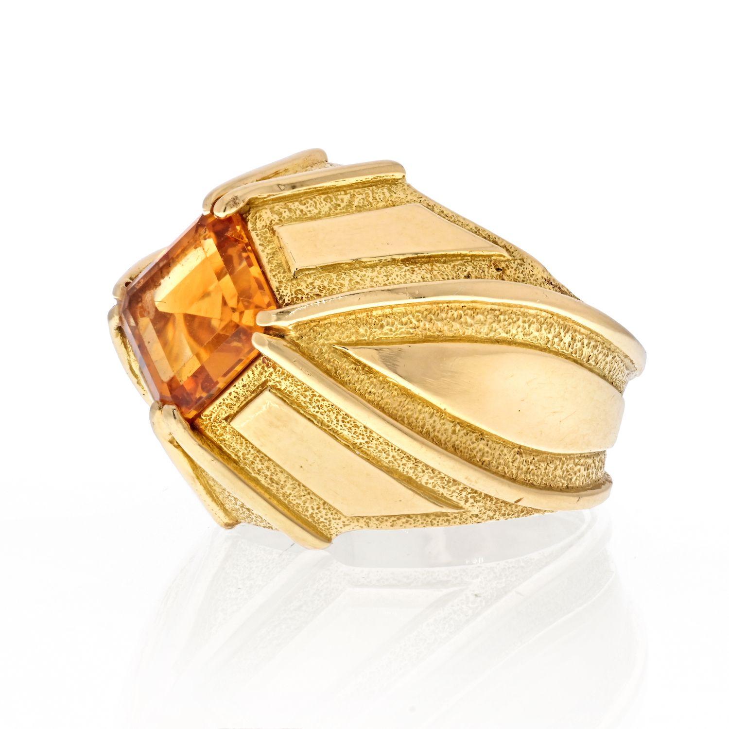An asscher cut citrine enclosed in a yellow gold mounting designed by Jean Schlumberger.
Lovely everyday ring, that speaks character and looks like something was passed down to you for generations. The best part is that this is not just another
