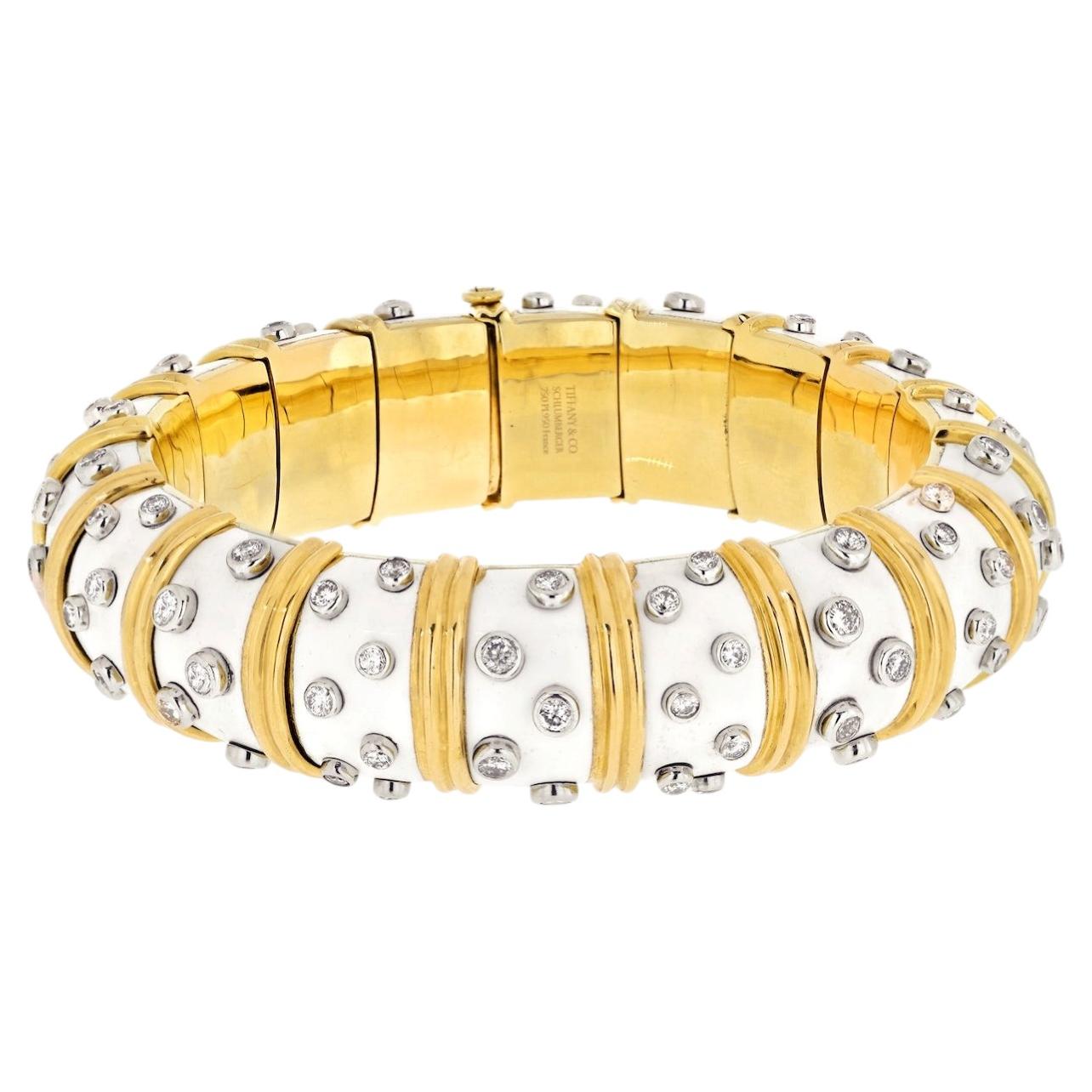 Tiffany & Co. Bracciale Schlumberger in oro giallo 18 carati con smalto bianco e diamanti
