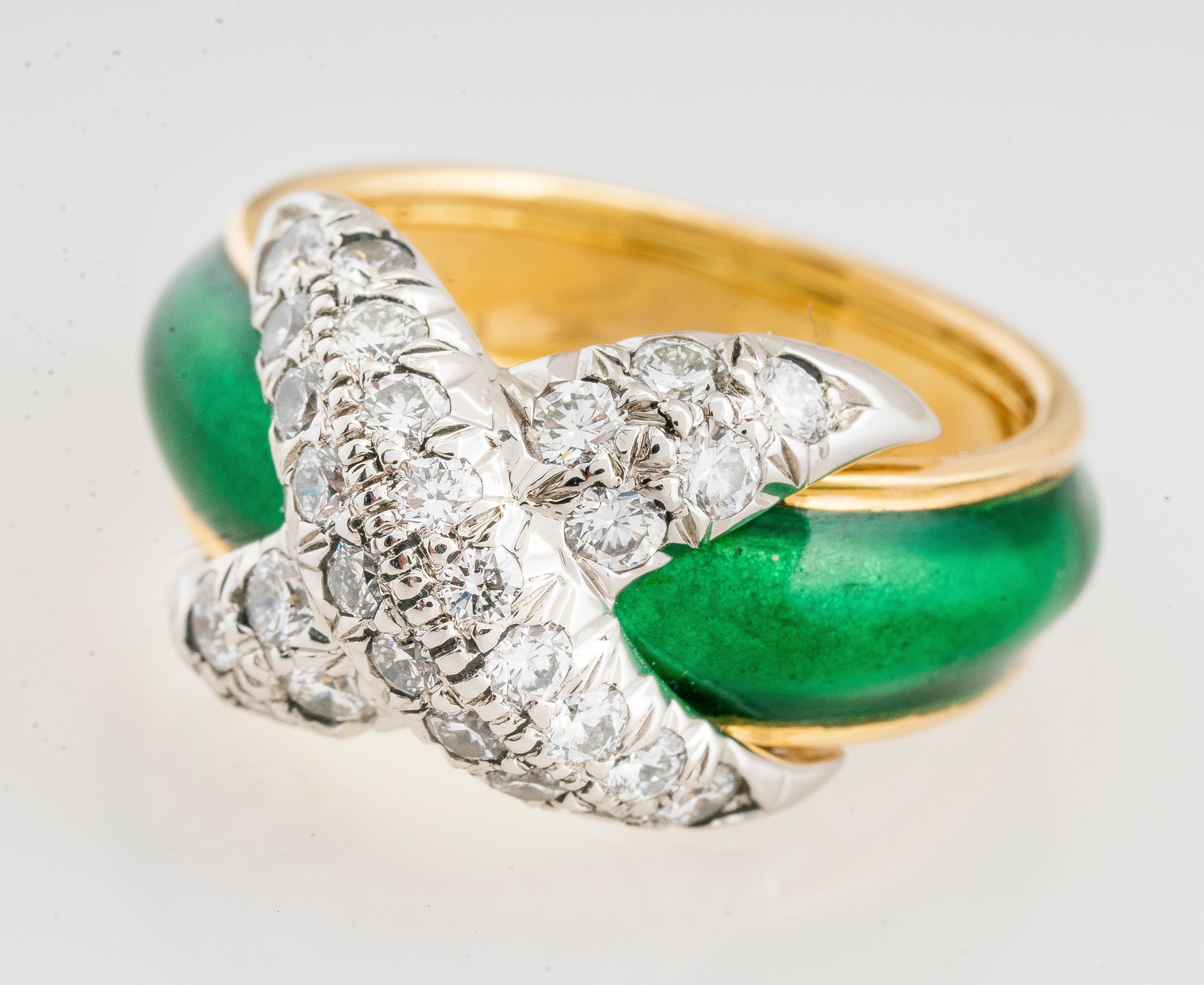 Retro Tiffany & Co. Schlumberger 18ky Diamond and Green Enamel X Ring