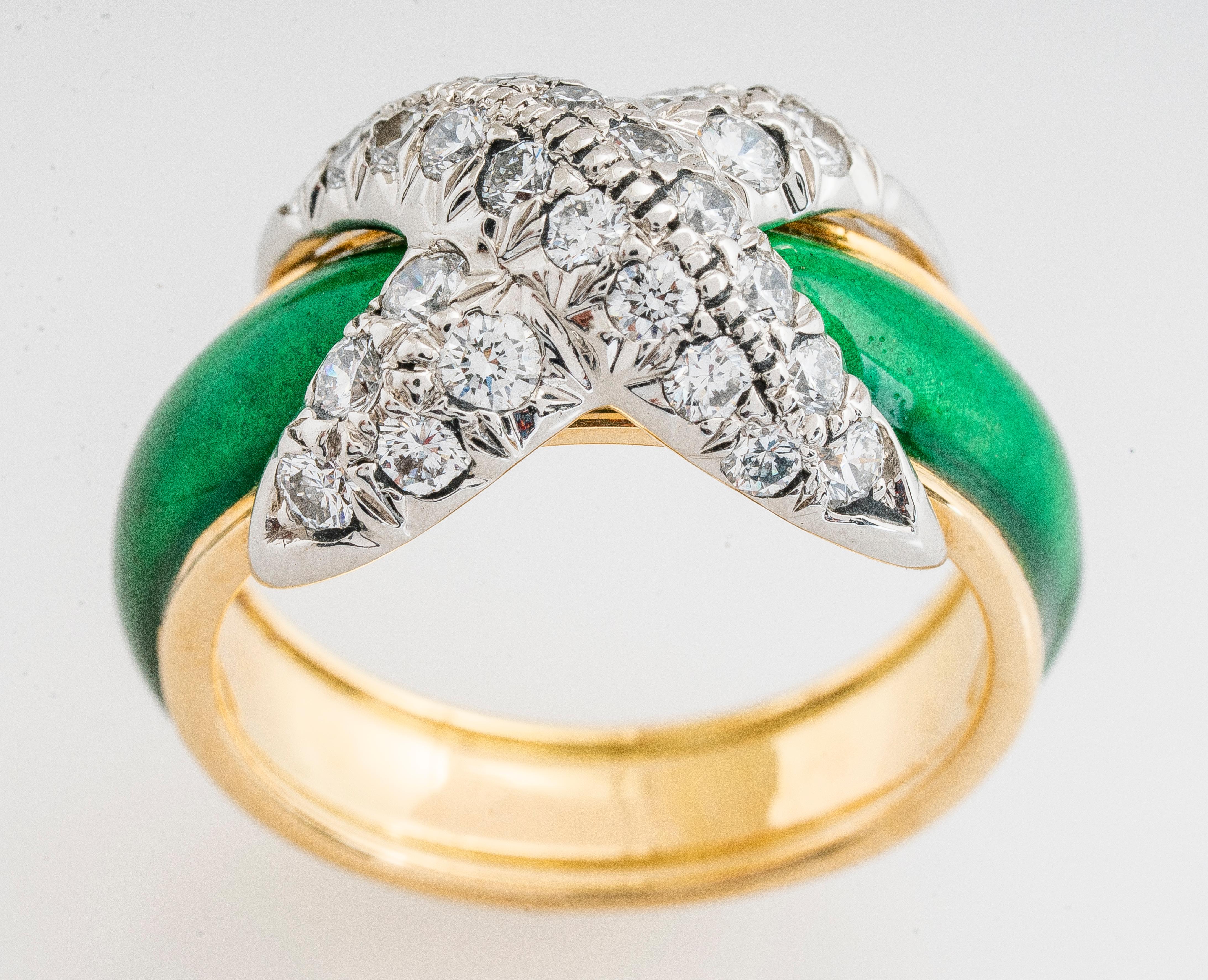 Tiffany & Co. Schlumberger 18ky Diamond and Green Enamel X Ring In Good Condition In San Diego, CA