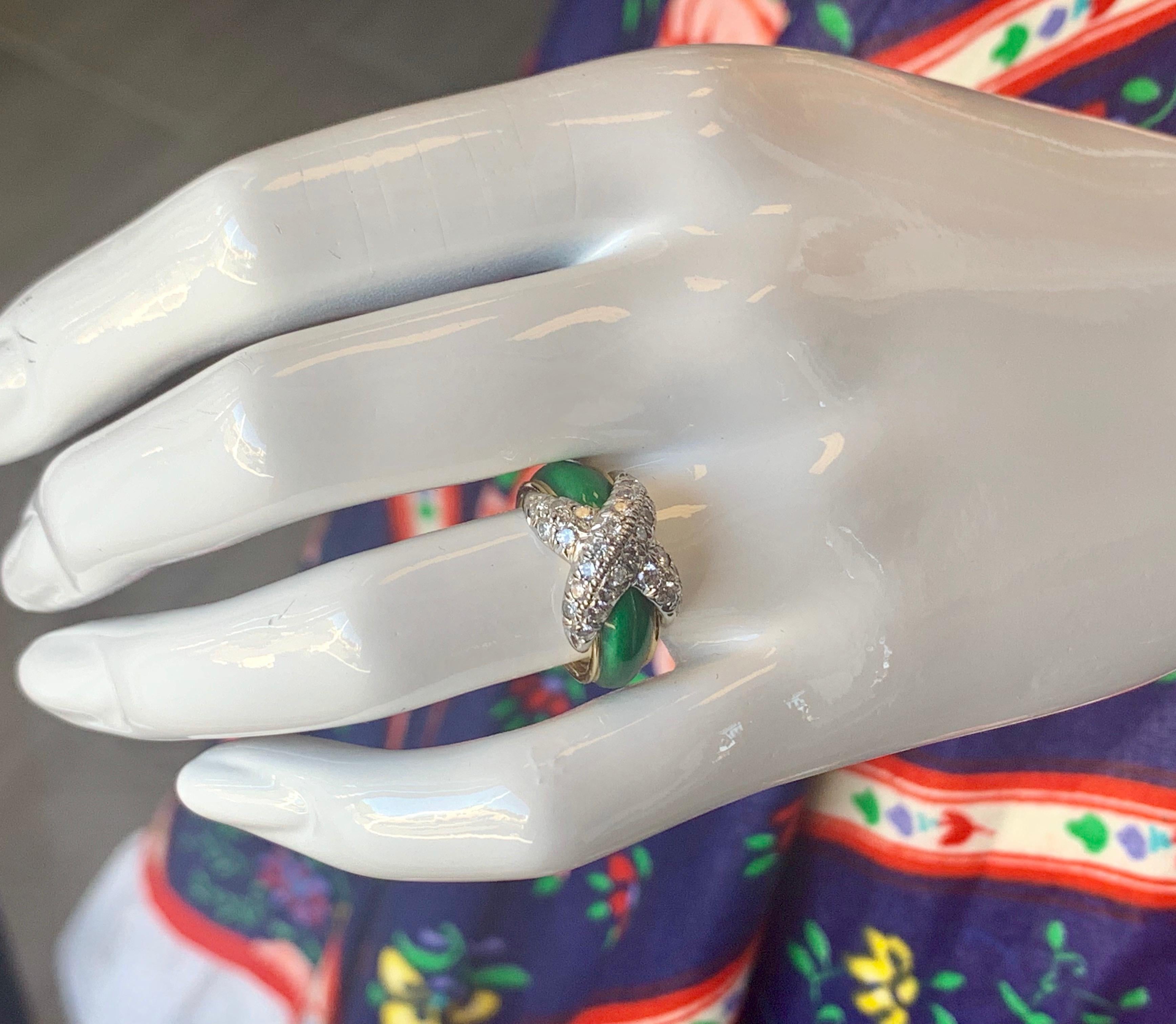Women's Tiffany & Co. Schlumberger 18ky Diamond and Green Enamel X Ring