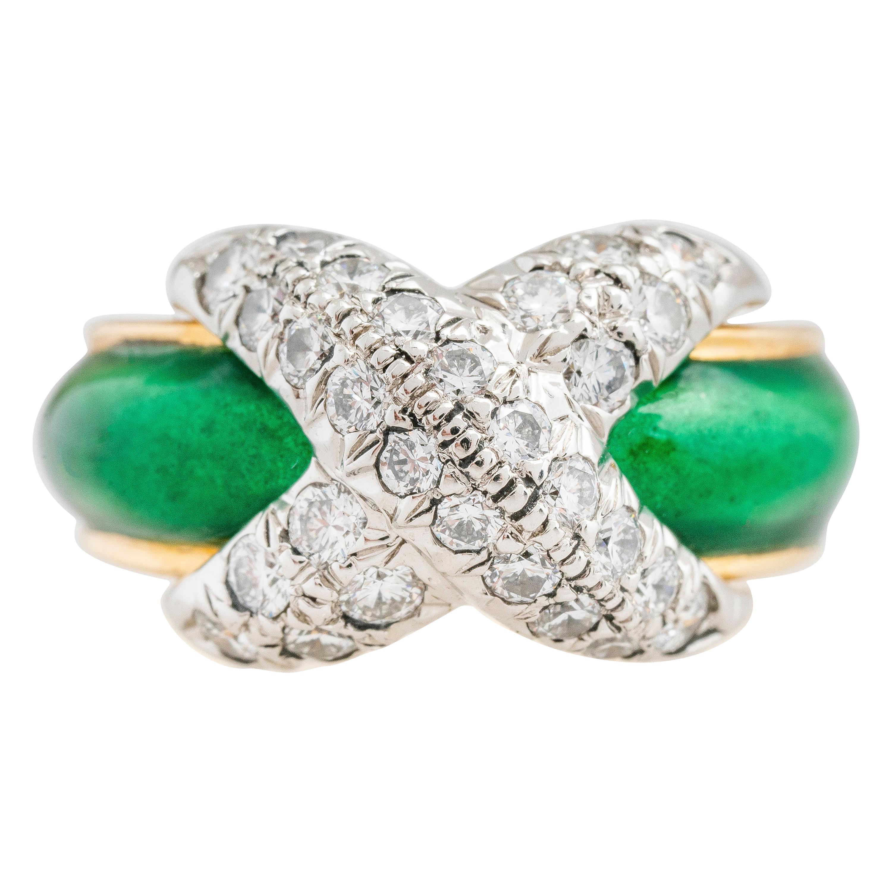 Tiffany & Co. Schlumberger 18ky Diamond and Green Enamel X Ring