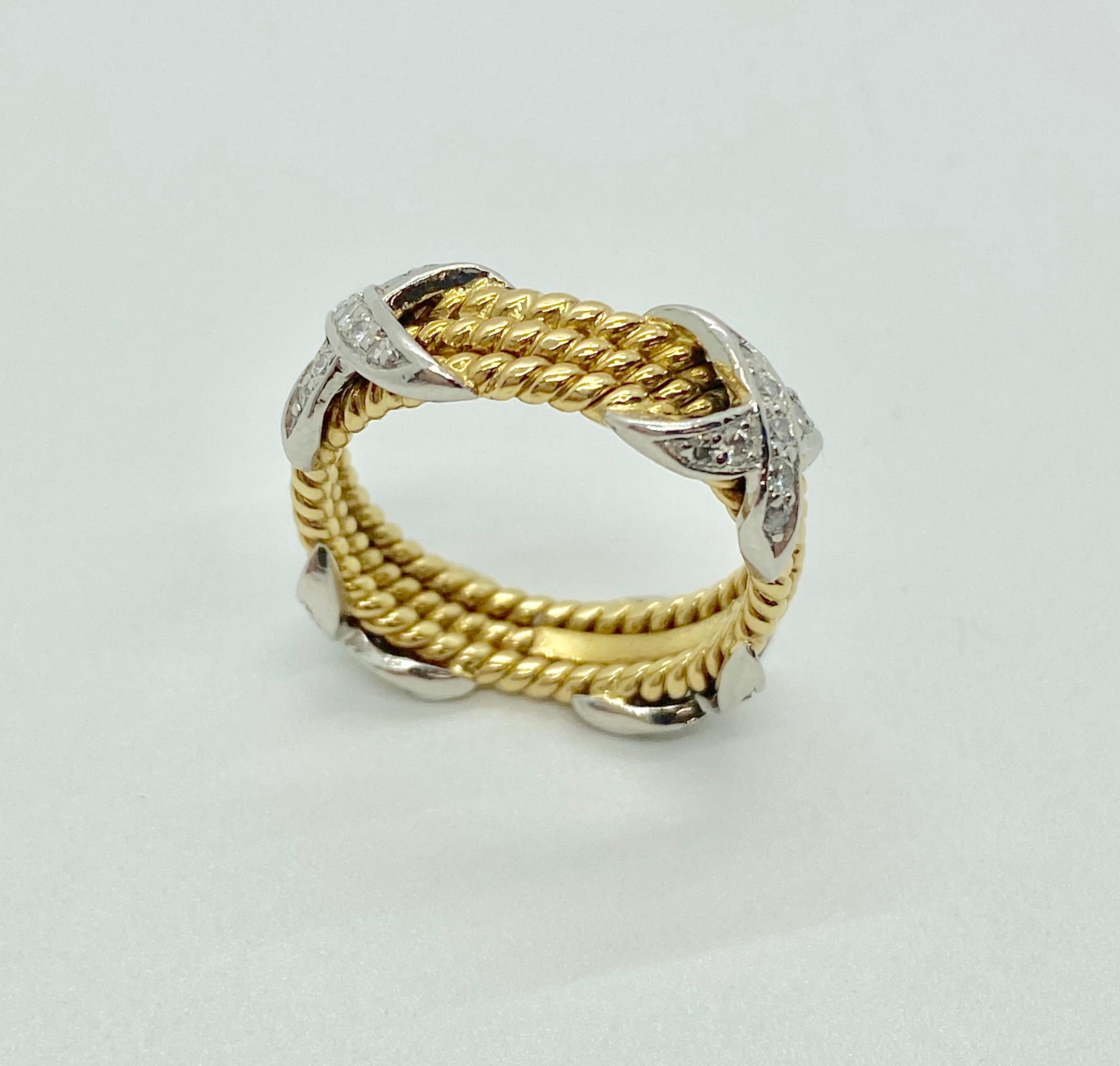 Round Cut Tiffany & Co. Schlumberger 18 Karat Yellow Diamond Rope X Design Ring For Sale