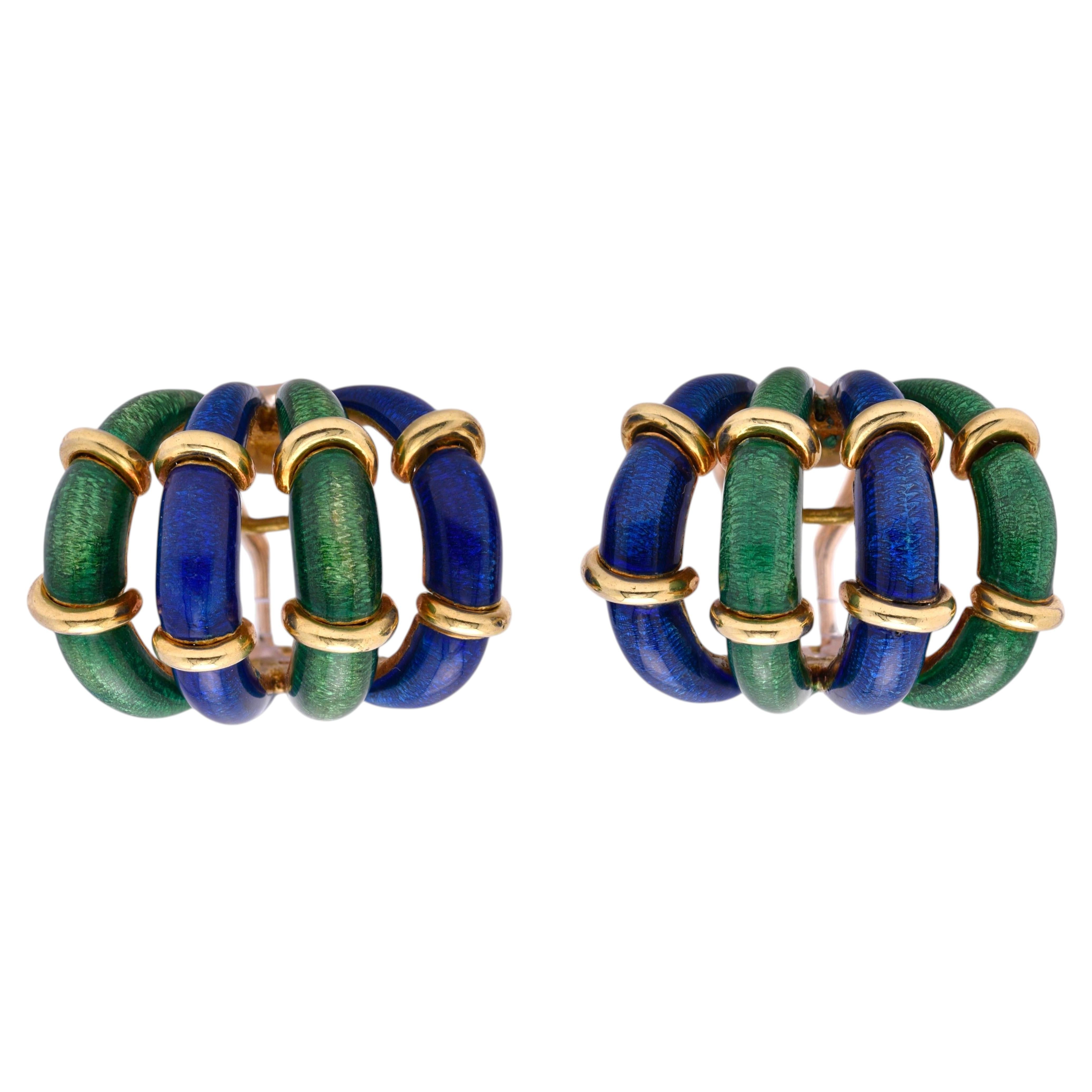Tiffany & Co. Schlumberger 1960's Boucles d'oreilles vintage en émail et or 18K
