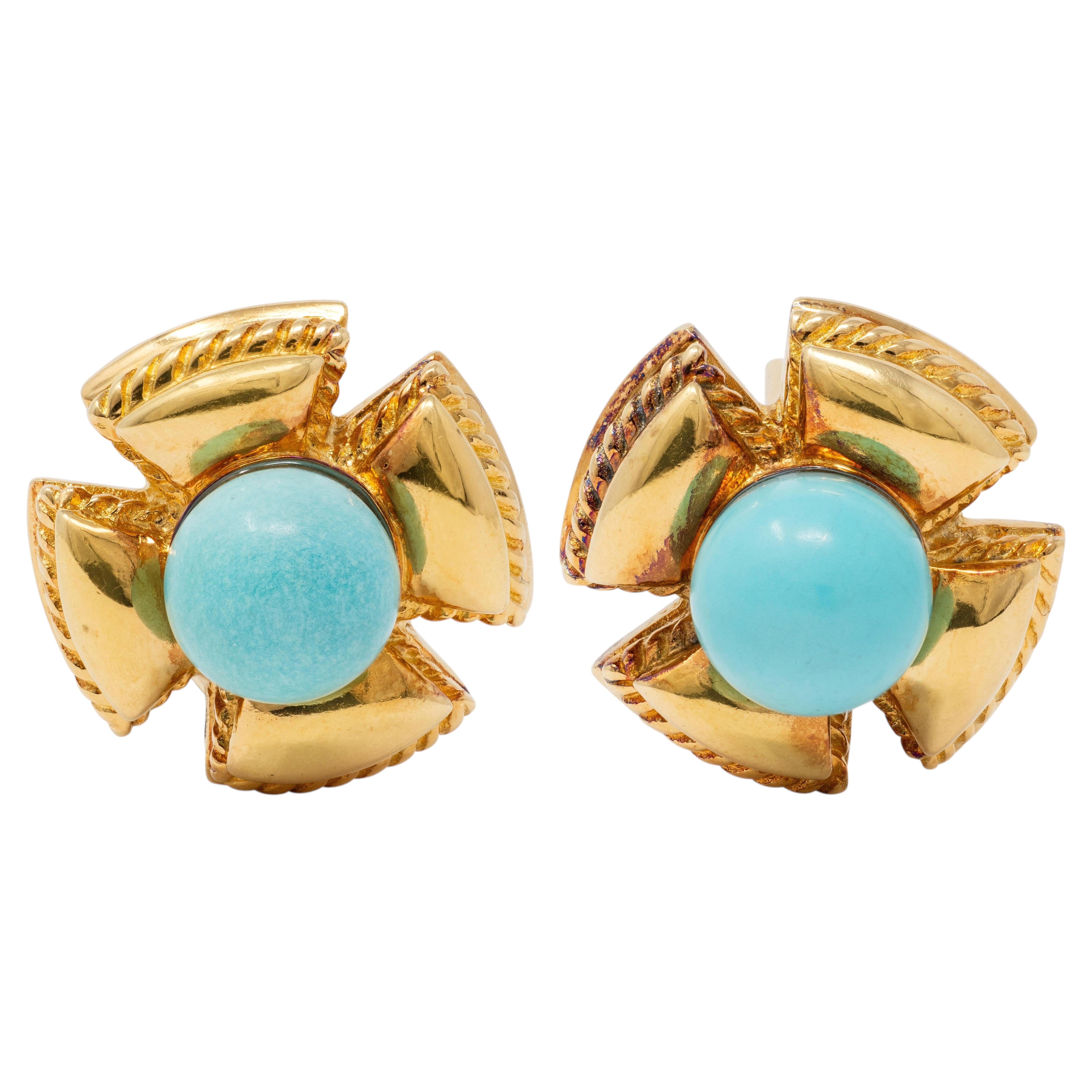 Tiffany & Co. Schlumberger 1960's Turquoise 18K Gold Vintage Quatrefoil Earrings For Sale