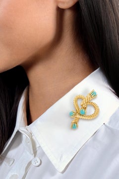 Tiffany & Co. Schlumberger 1960's Turquoise 18K Gold Vintage Rope Heart Brooch