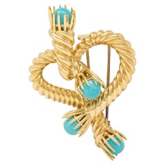 Tiffany 
Co. Schlumberger 1960
s Turquoise 18K Gold Vintage Rope Heart Brooch