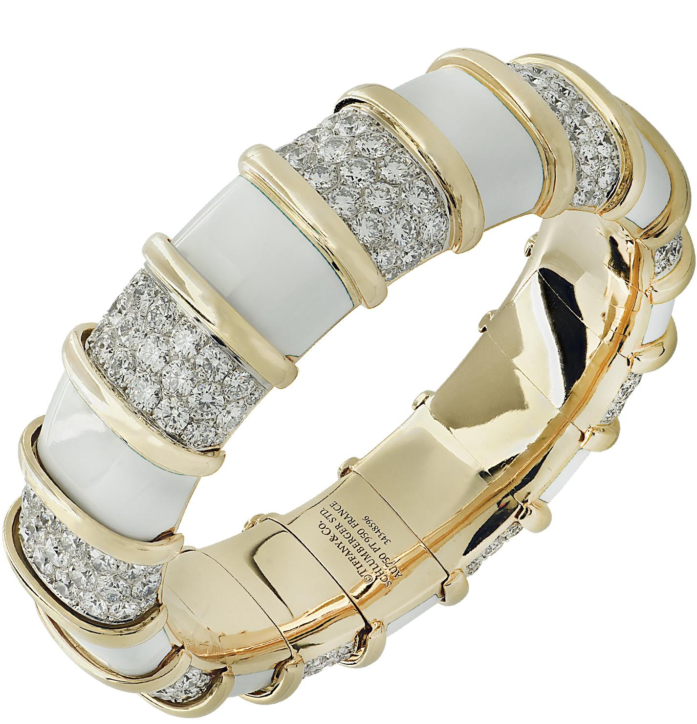 Tiffany & Co. Schlumberger Armreif mit 22,5 Karat Diamant und weißer Emaille (Rundschliff) im Angebot