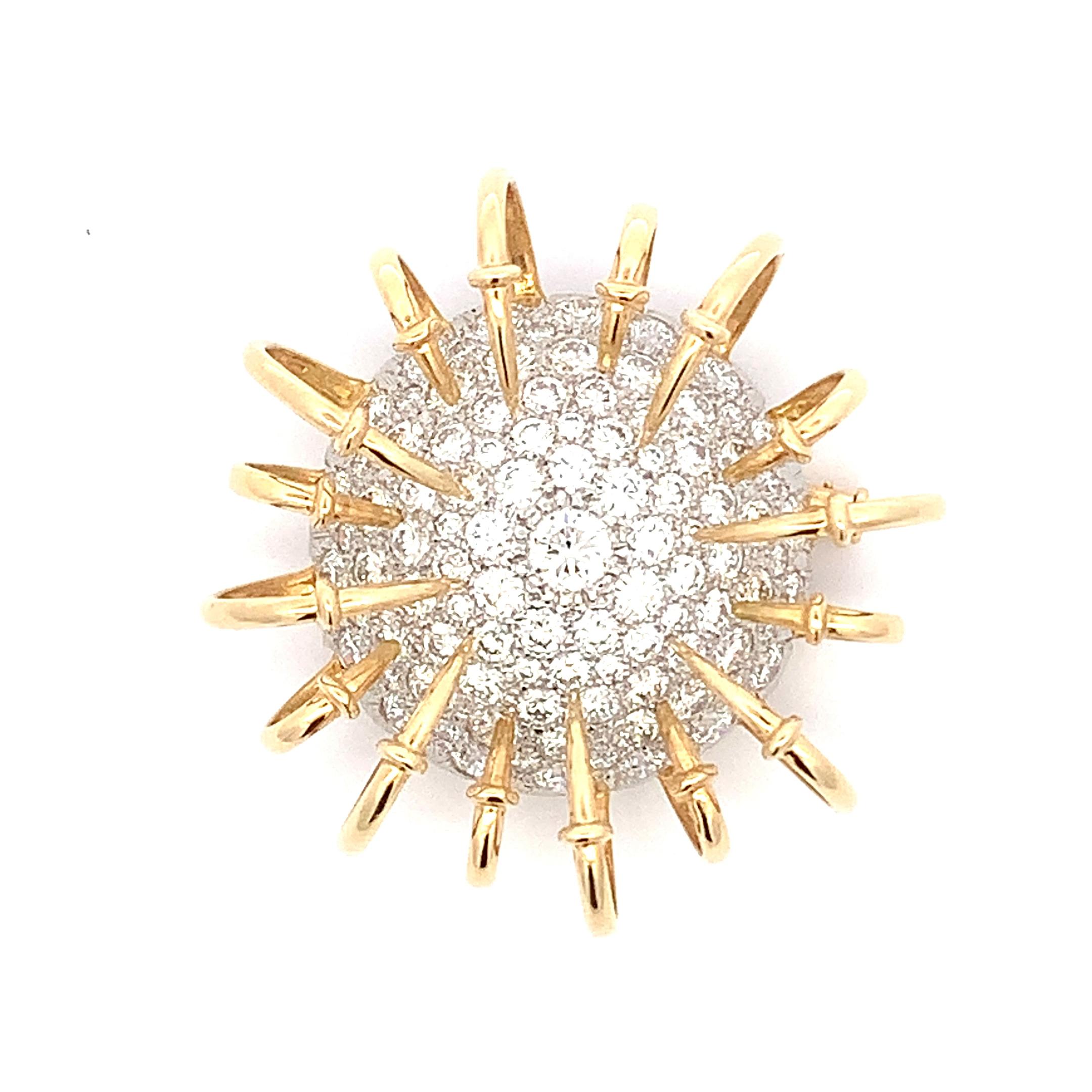 Round Cut Tiffany & Co. Schlumberger Apollo Brooch Yellow Gold and Platinum with Diamonds For Sale