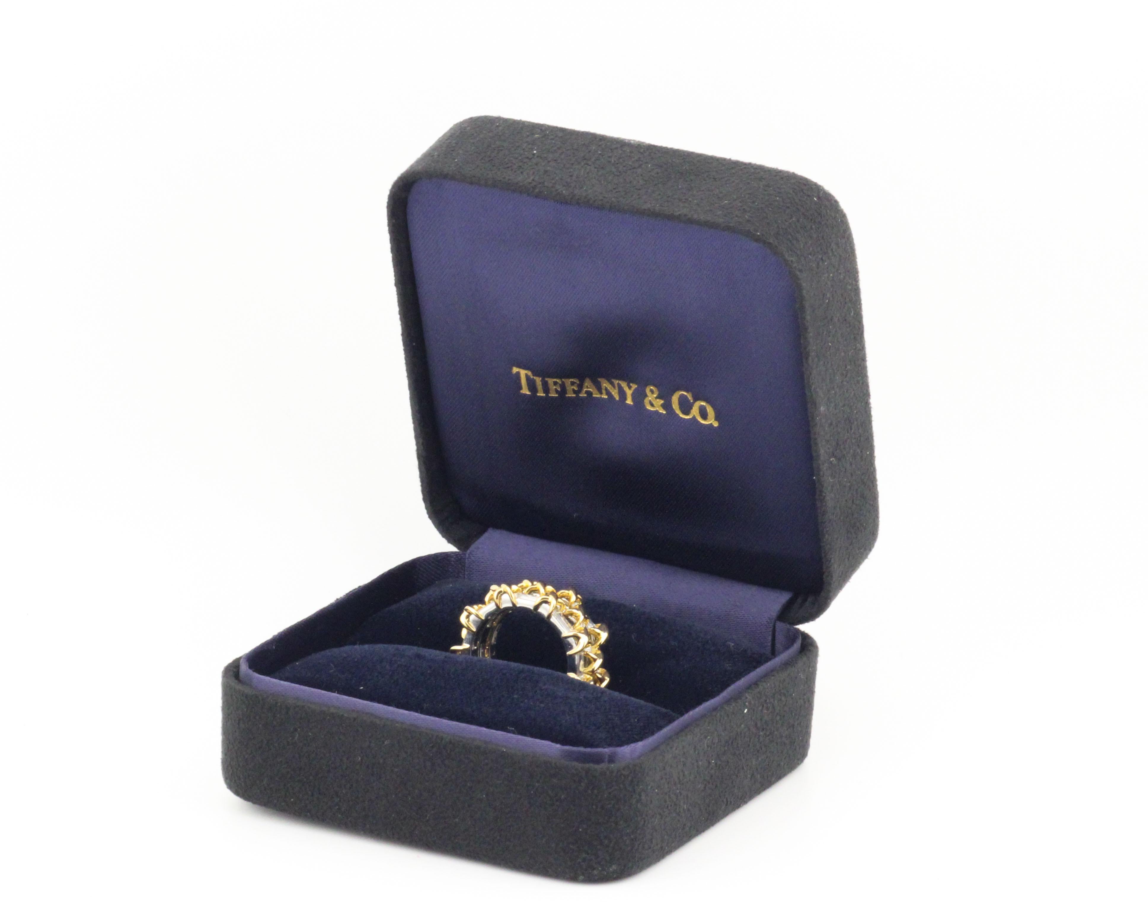 Tiffany & Co. Schlumberger Baguette Diamond Platinum 18K Gold Triple Band Size 5 In Good Condition For Sale In Bellmore, NY