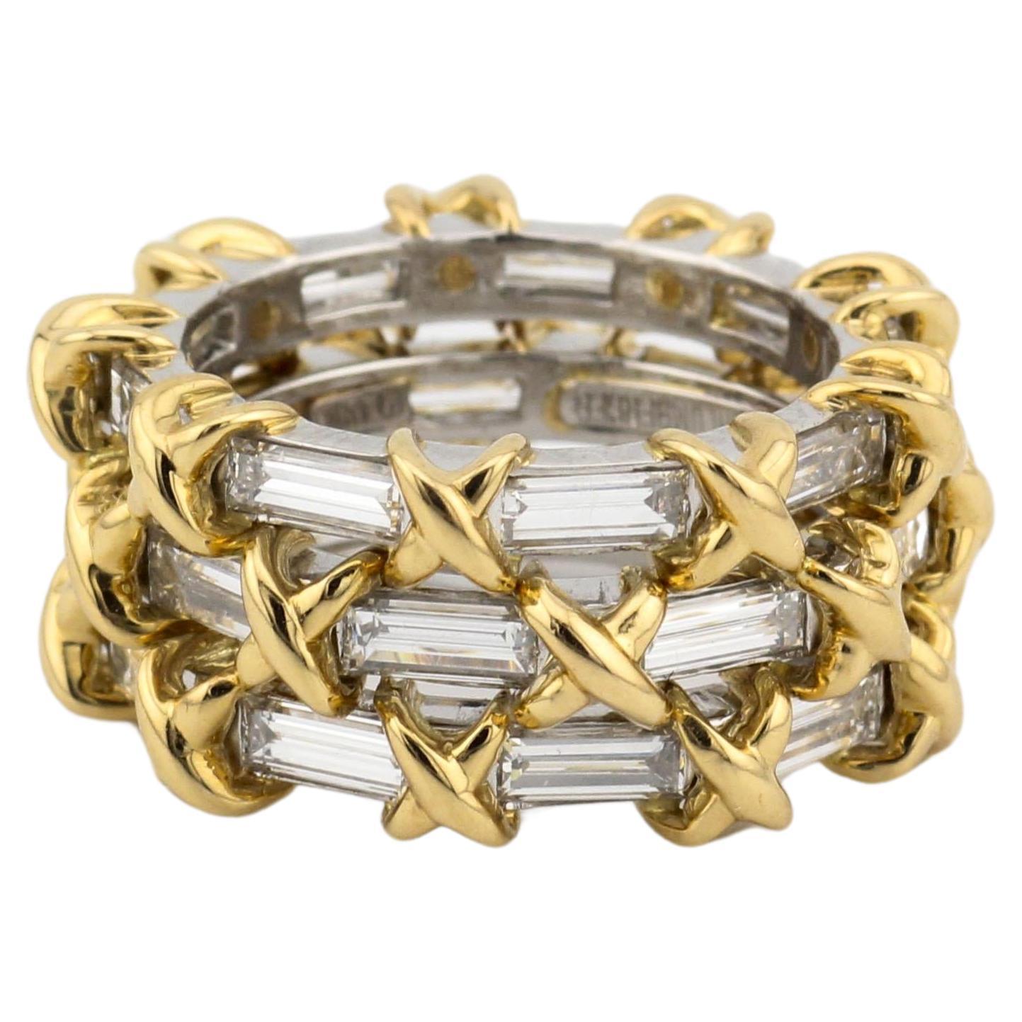 Tiffany & Co. Bracelet triple Schlumberger baguette diamant platine or 18 carats taille 5 en vente