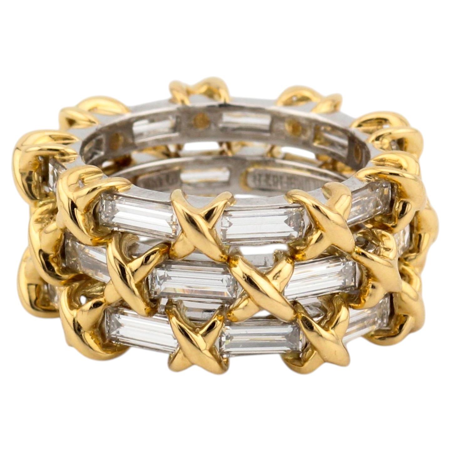 Tiffany & Co. Bague Schlumberger « Baguette Diamond » en platine et or 18 carats à triple anneau, taille 5 en vente