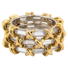 Tiffany & Co. Schlumberger Baguette Diamond Platinum 18K Gold Triple Band Size 5