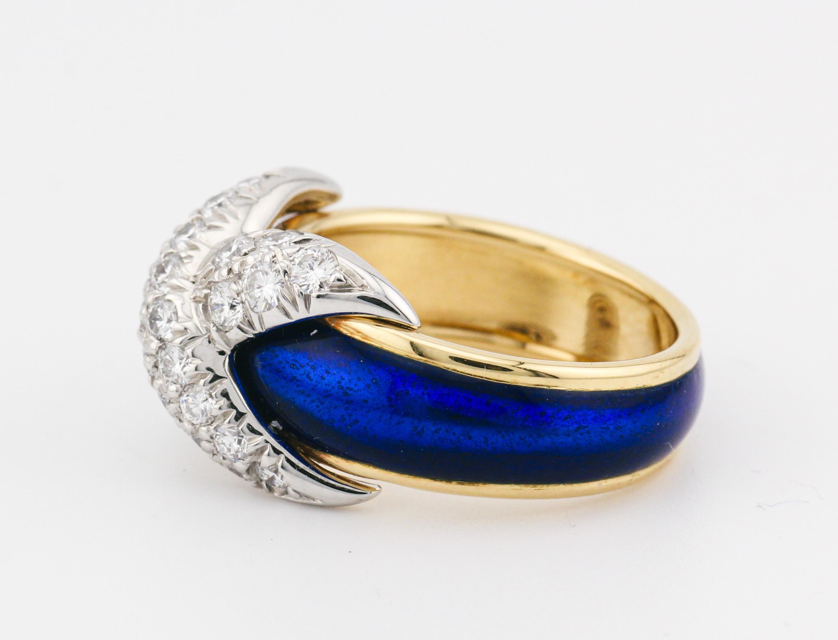 Brilliant Cut Tiffany & Co. Schlumberger Blue Enamel Diamond 18K Yellow Gold X Ring Size 5.25