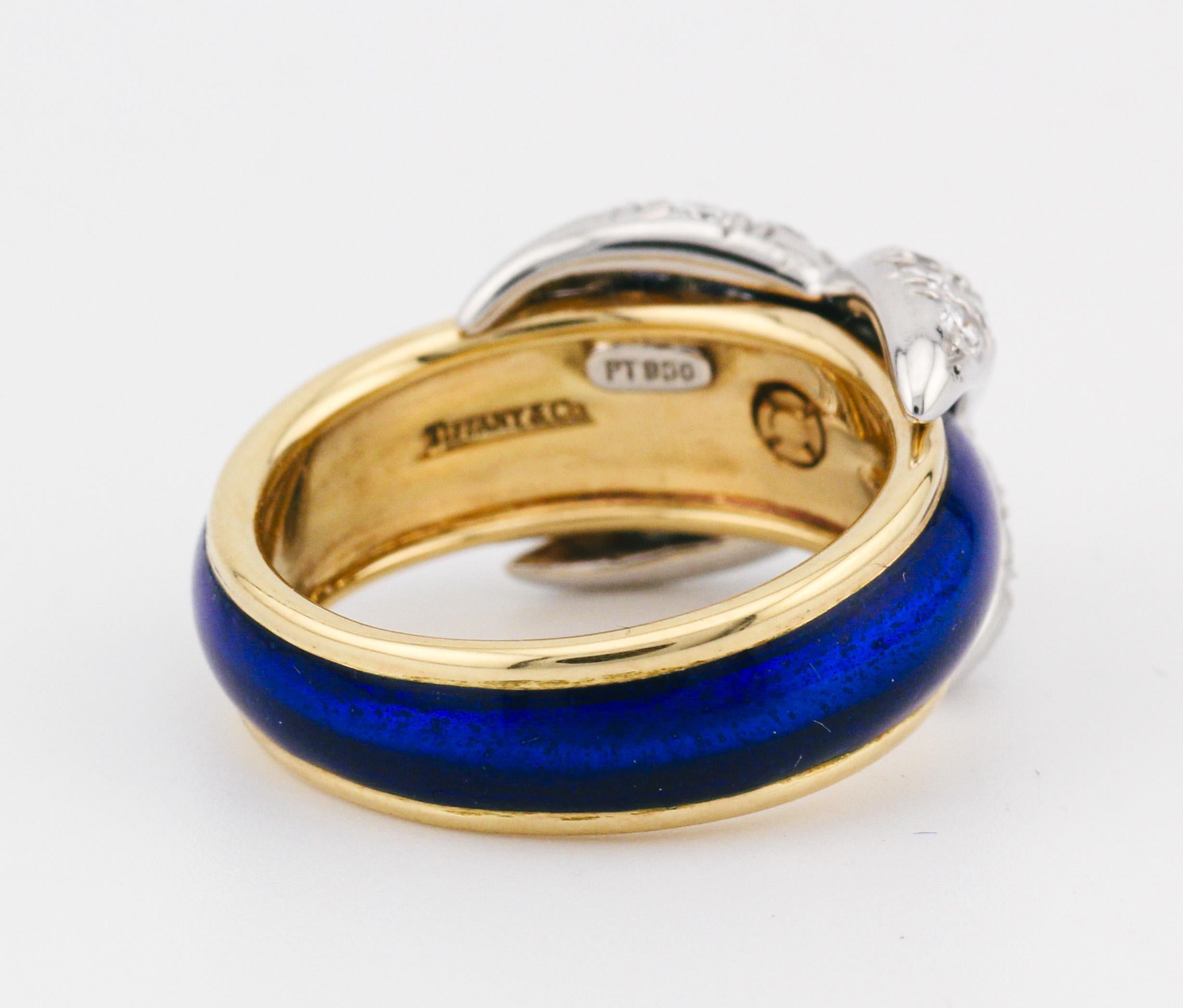 Tiffany & Co. Schlumberger Blue Enamel Diamond 18K Yellow Gold X Ring Size 5.25 In Good Condition In Bellmore, NY