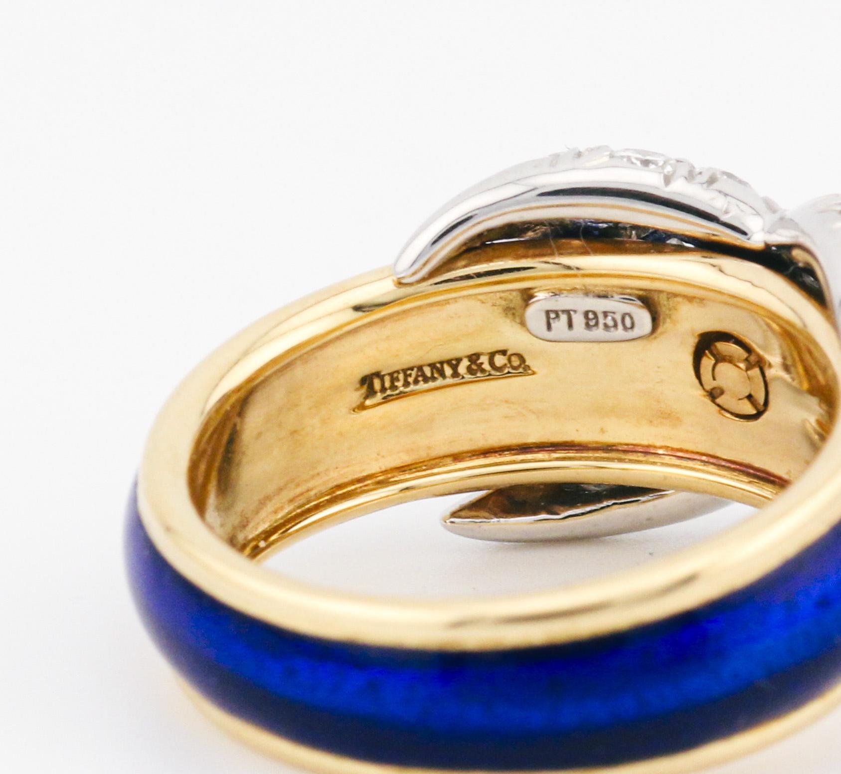 Women's Tiffany & Co. Schlumberger Blue Enamel Diamond 18K Yellow Gold X Ring Size 5.25