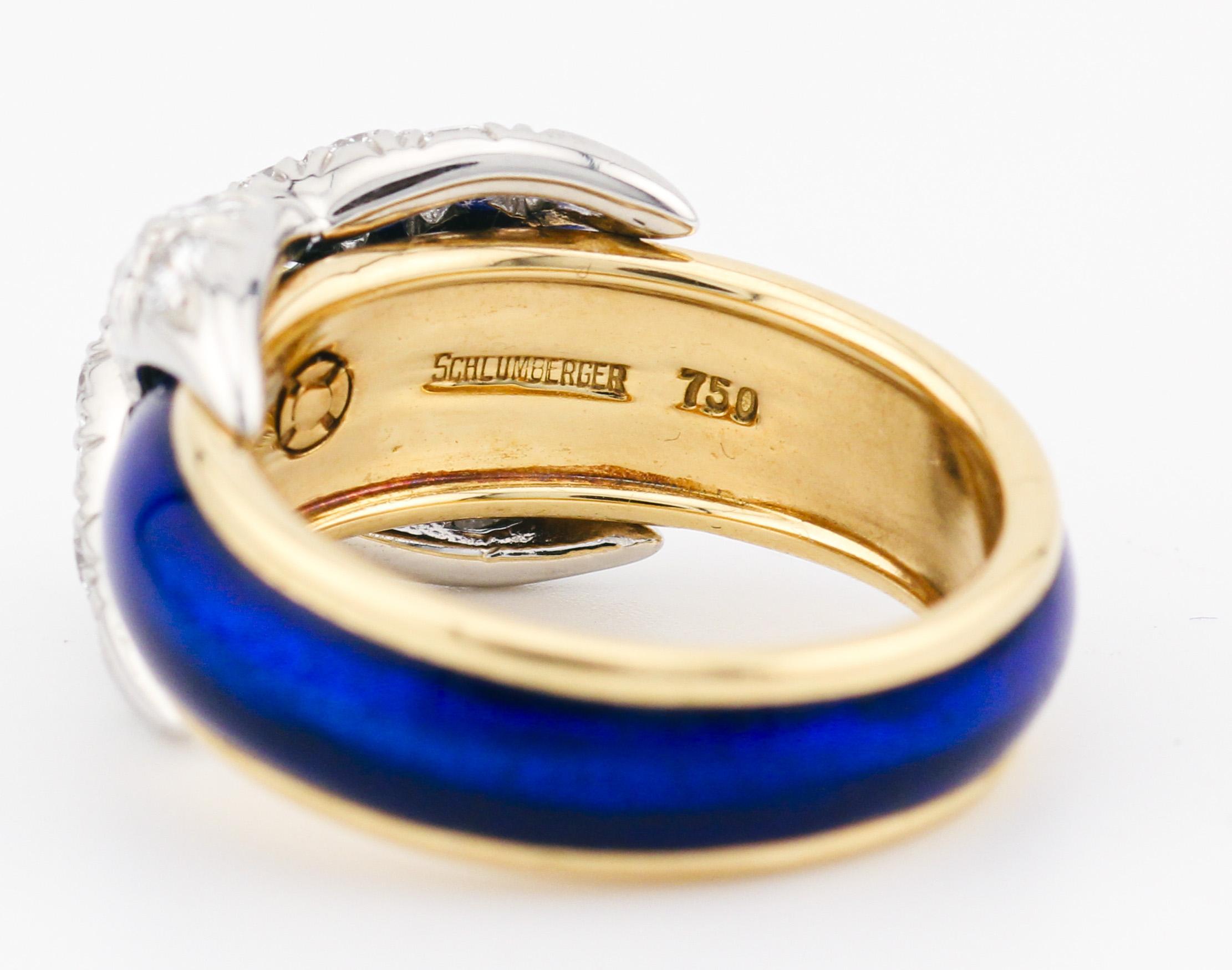 Tiffany & Co. Schlumberger Blue Enamel Diamond 18K Yellow Gold X Ring Size 5.25 1