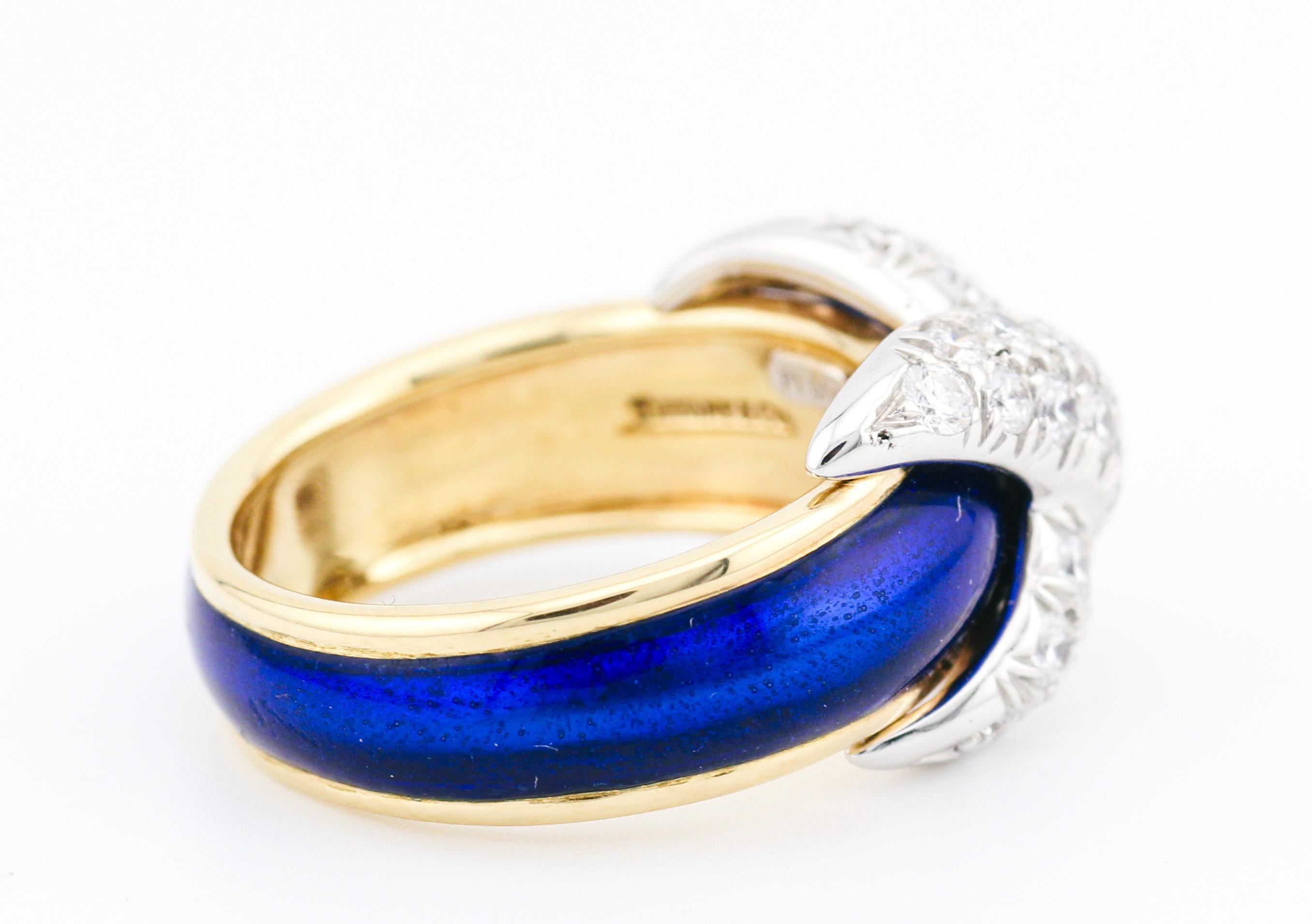 Tiffany & Co. Schlumberger Blue Enamel Diamond 18K Yellow Gold X Ring Size 5.25 2