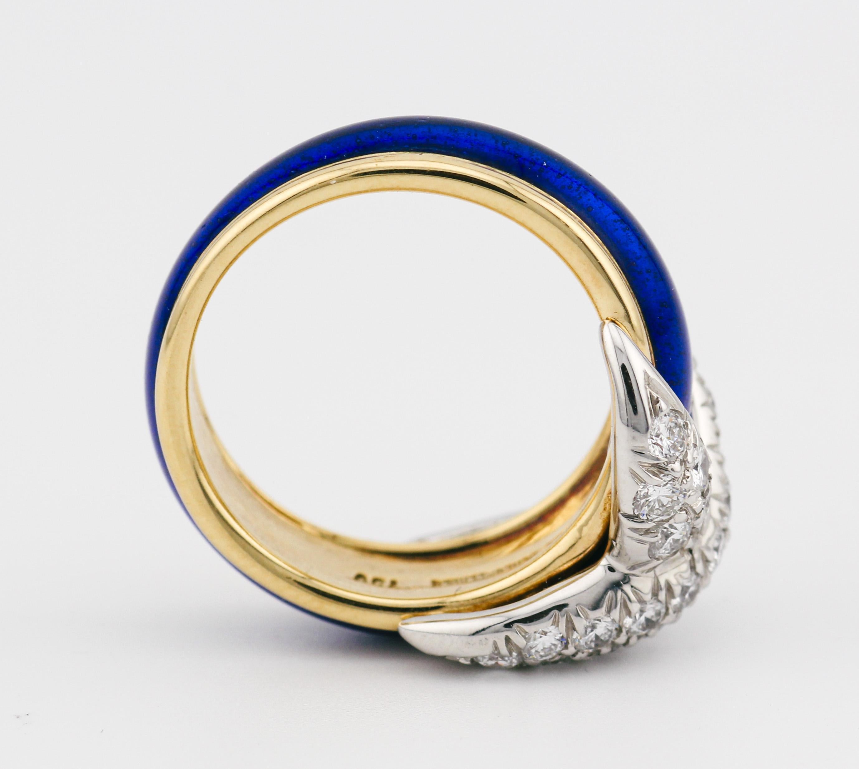 Tiffany & Co. Schlumberger Blue Enamel Diamond 18K Yellow Gold X Ring Size 5.25 3