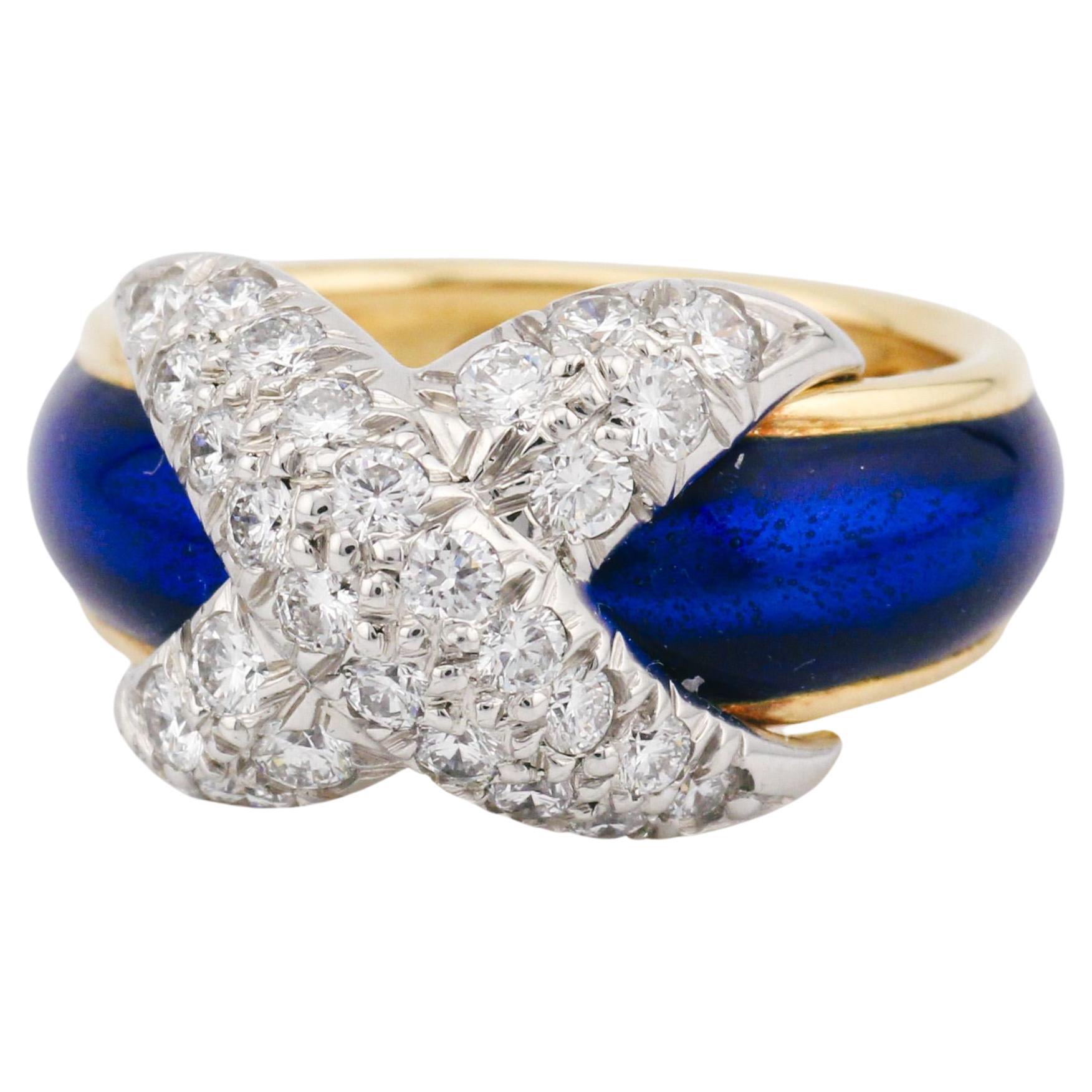 Tiffany & Co. Schlumberger Blue Enamel Diamond 18K Yellow Gold X Ring Size 5.25