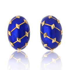 Vintage Tiffany & Co. Schlumberger Blue Enamel Diamond Banana Clip-On Earrings 18K Gold