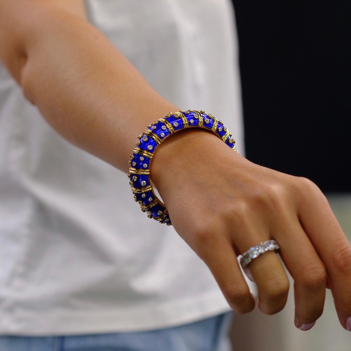 Round Cut Tiffany & Co. Schlumberger Blue Enamel Diamond Bracelet