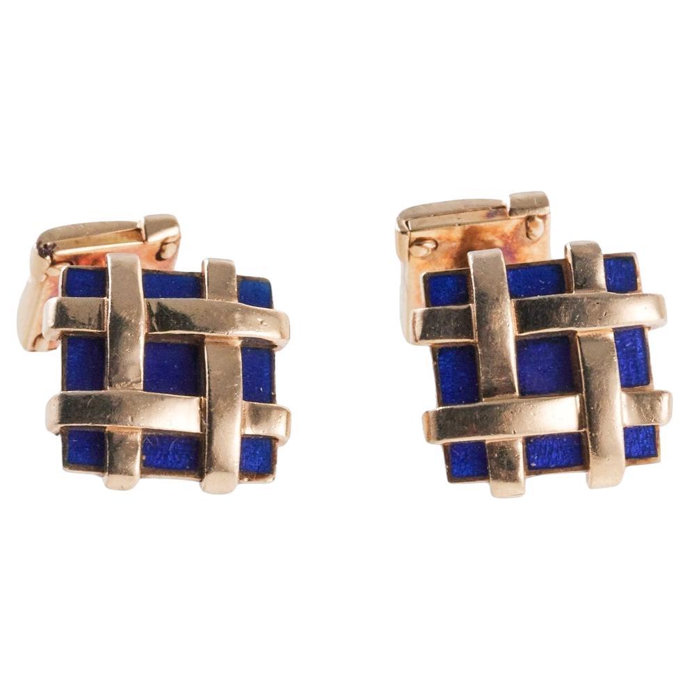 Tiffany & Co Schlumberger  Blue Enamel Gold Woven Basket Weave Cufflinks For Sale