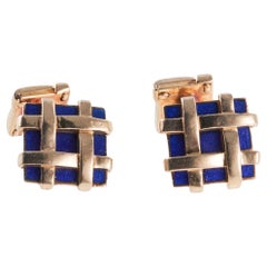 Vintage Tiffany & Co Schlumberger  Blue Enamel Gold Woven Basket Weave Cufflinks